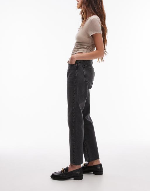Topshop mid rise straight cropped jeans with raw hems in washed black, 2 of 5