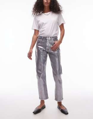 Topshop mid rise straight cropped silver foil jean in grey