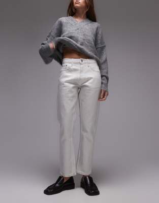 mid rise straight cropped silver foil jeans in white