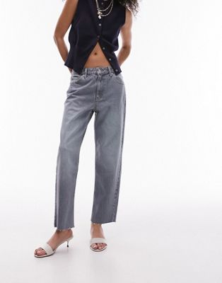 Topshop cropped mid rise straight jeans with raw hems in cloudy green