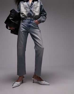 Topshop cropped mid rise straight jeans with raw hems in  dirty bleach