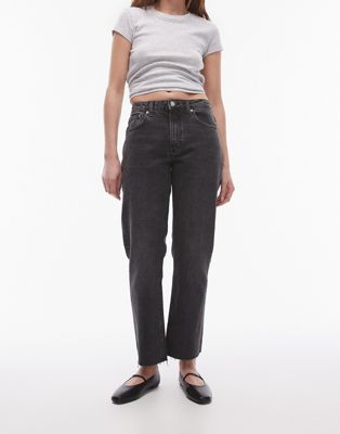 Topshop cropped mid rise straight jeans with raw hems in washed black