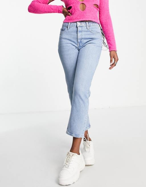 Topshop mid rise straight jeans with clean hem in bleach