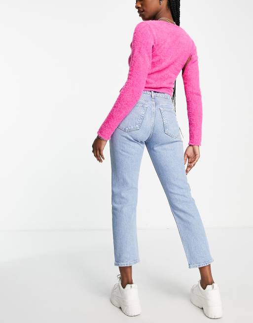 Topshop mid rise straight jeans with clean hem in bleach