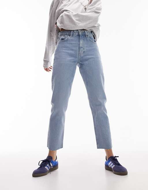 Topshop mid rise straight jeans with raw hem in bleach