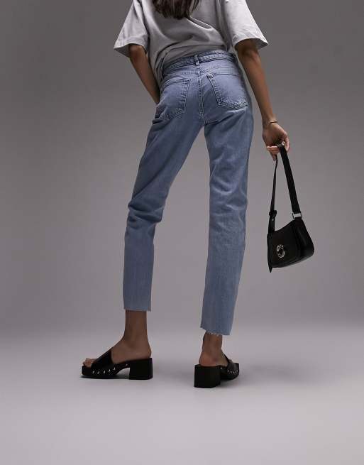 Topshop mid rise straight jeans with raw hem in bleach