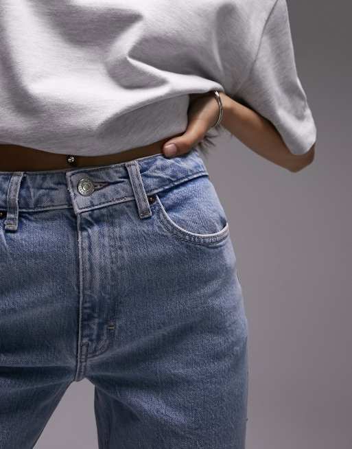 Topshop mid rise straight jeans with raw hem in bleach | ASOS