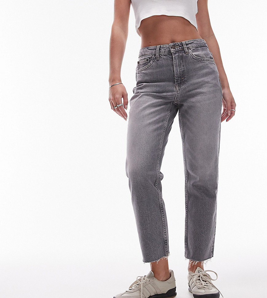 Topshop mid rise straight jeans with raw hem in grey