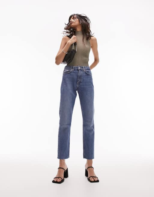 Topshop mid rise straight jeans with raw hem in mid blue