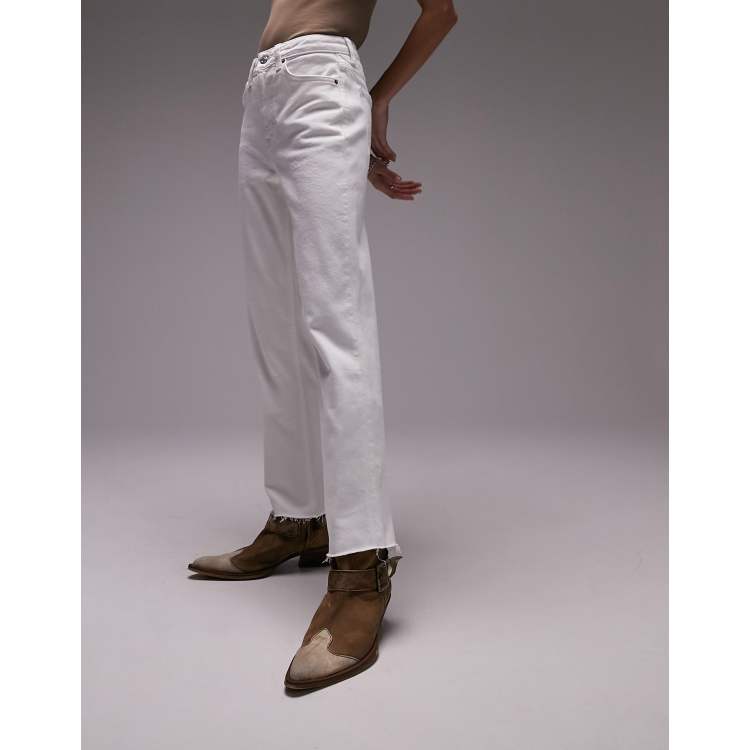 Topshop mid rise straight jeans with raw hem in white | ASOS