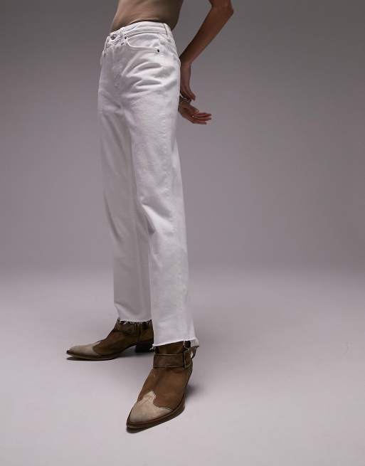 Topshop mid rise straight jeans with raw hem in white