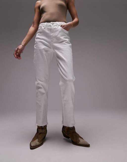 Topshop mid rise straight jeans with raw hem in white | ASOS