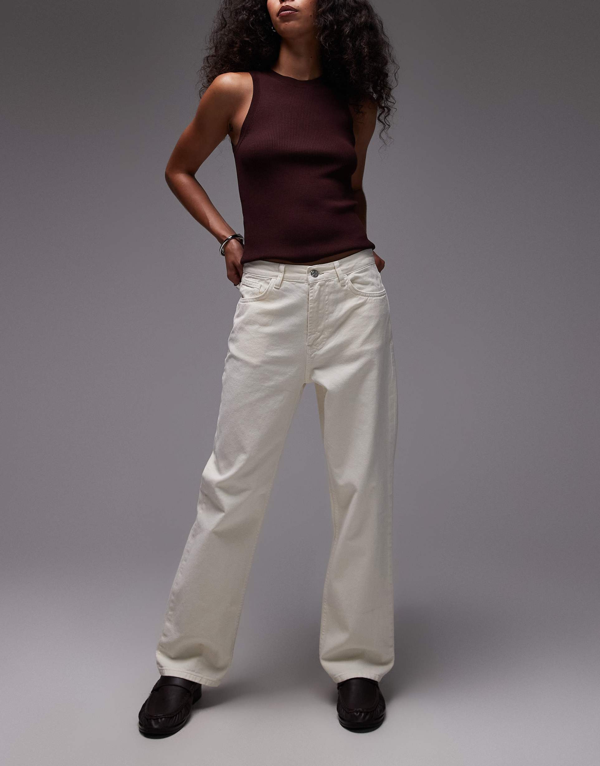topshop mid rise straight leg pants in buttermilk