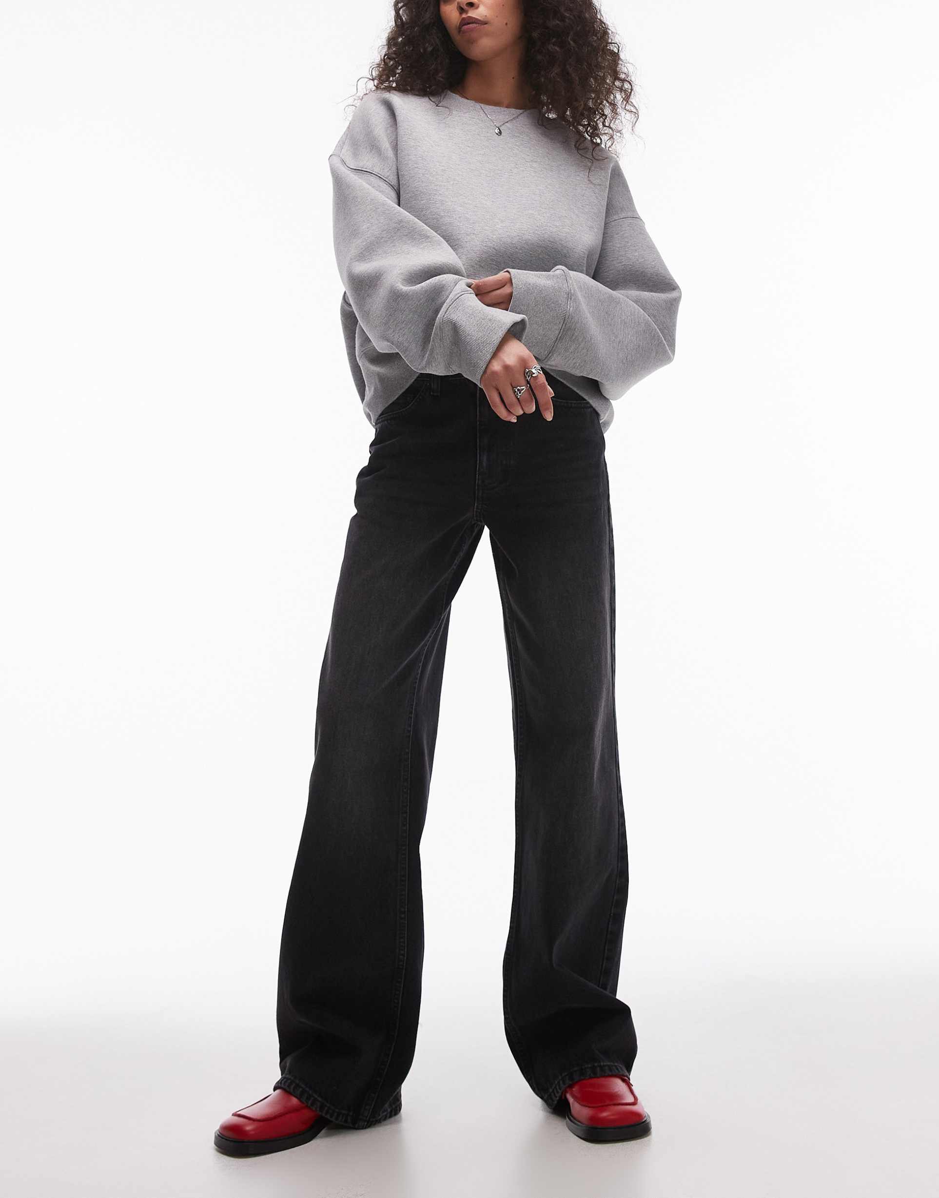 topshop mid rise wide leg jean in washed black