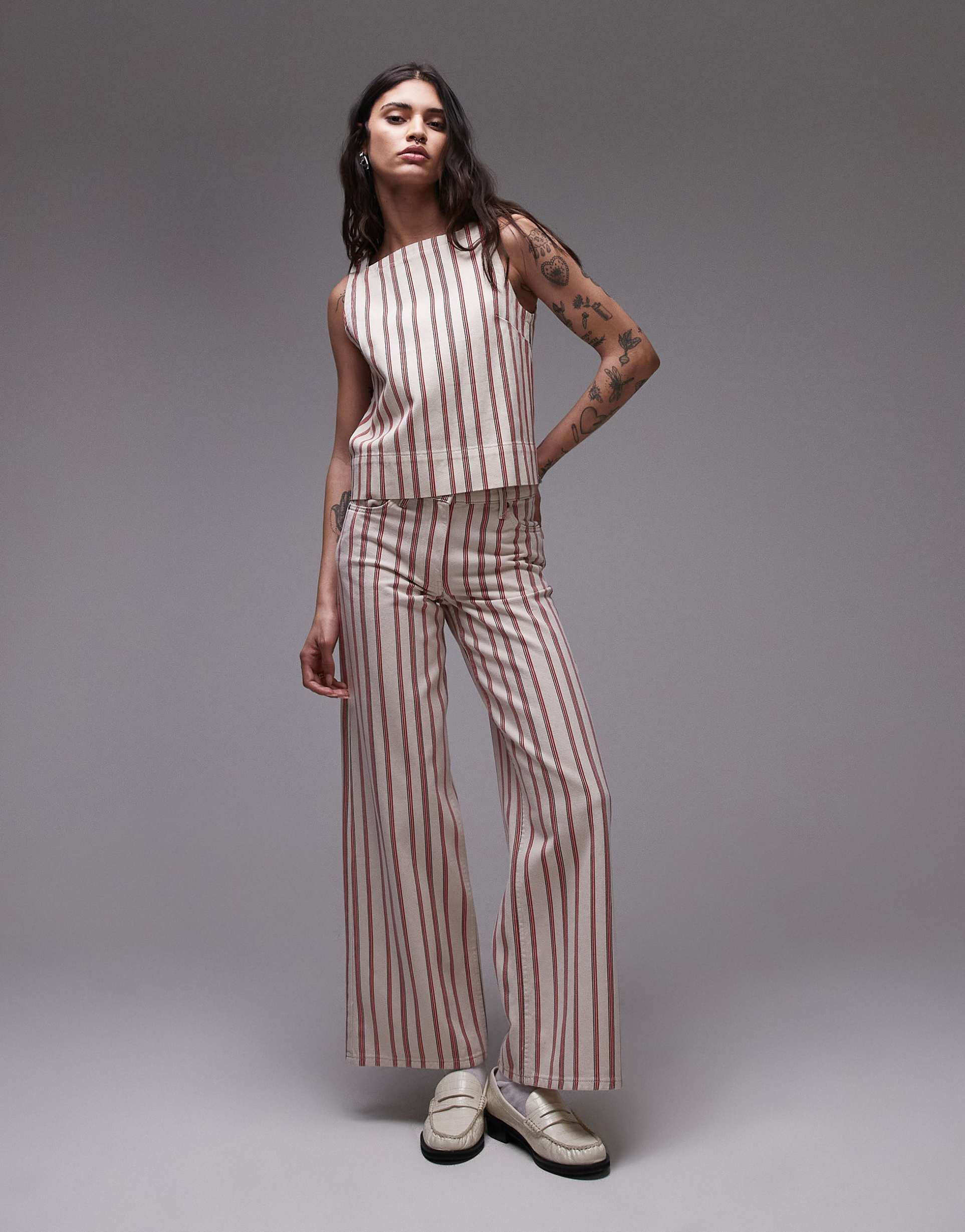 topshop mid rise wide leg jeans in red stripes