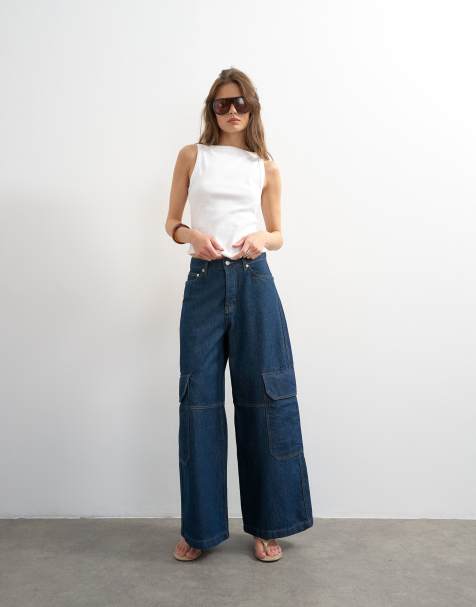 Topshop mid rise wide leg jeans with utility pocket detail in indigo rinse - view 1
