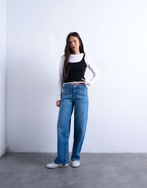 Topshop mid rise yoke front cinched jeans in mid blue - view 1