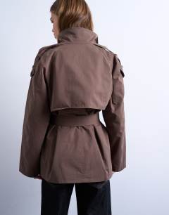 Model wearing Mid trench coat in brown