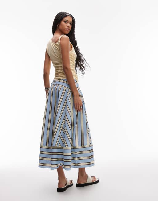 Topshop - Midaxi rok met verlaagde taille en gesplitste streepprint in limoengroen, 3 van 5