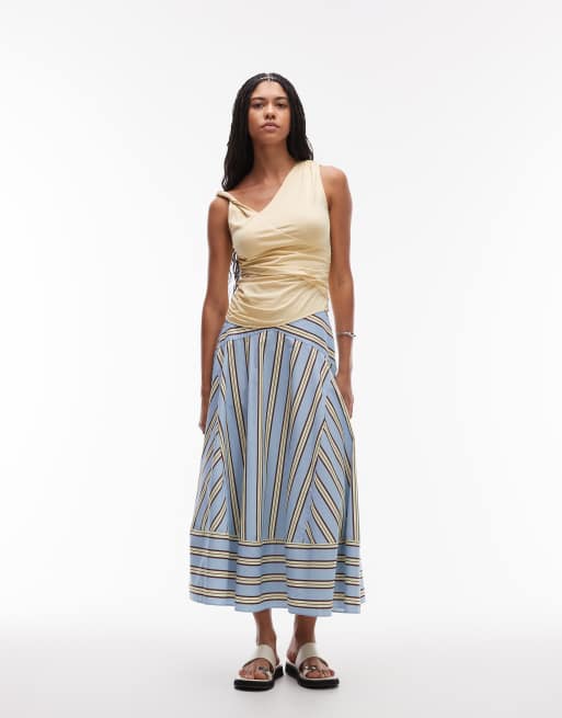 Topshop - Midaxi rok met verlaagde taille en gesplitste streepprint in limoengroen, 5 van 5