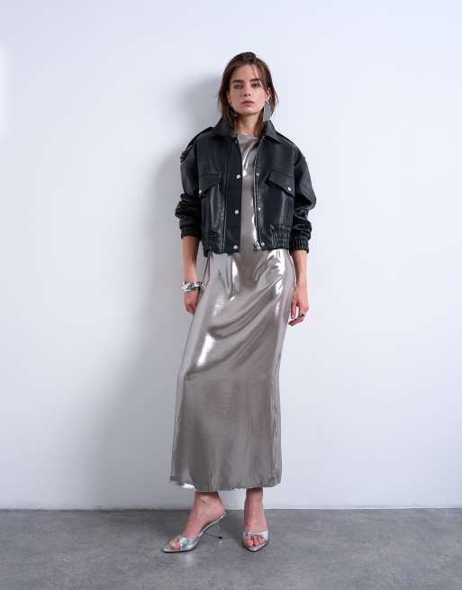 Topshop – Midaxikleid in Silber-Metallic mit silberfarbenen Metall-Details, 2 von 4