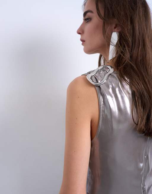 Topshop – Midaxikleid in Silber-Metallic mit silberfarbenen Metall-Details, 3 von 4