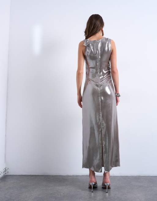Topshop – Midaxikleid in Silber-Metallic mit silberfarbenen Metall-Details, 4 von 4