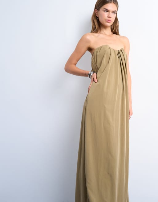 Topshop - Midi bandeau-jurk van popeline met structuur en aangerimpelde buste in kleikleur, 2 van 4