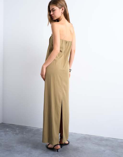 Topshop - Midi bandeau-jurk van popeline met structuur en aangerimpelde buste in kleikleur, 3 van 4