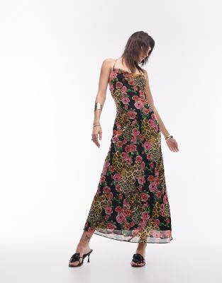 Topshop - Midi-Camisole-Kleid zum Reinschlüpfen mit Leoparden- und Rosenmuster-Bunt