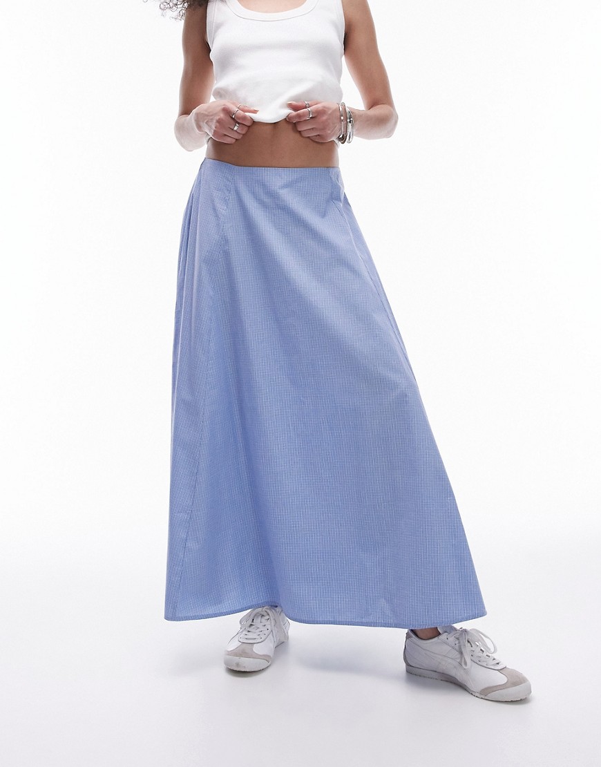 Topshop midi cotton full skirt in blue micro check