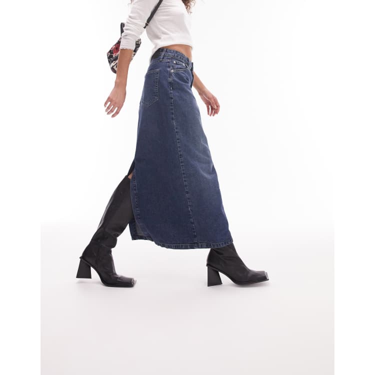 Topshop side split store denim midi skirt