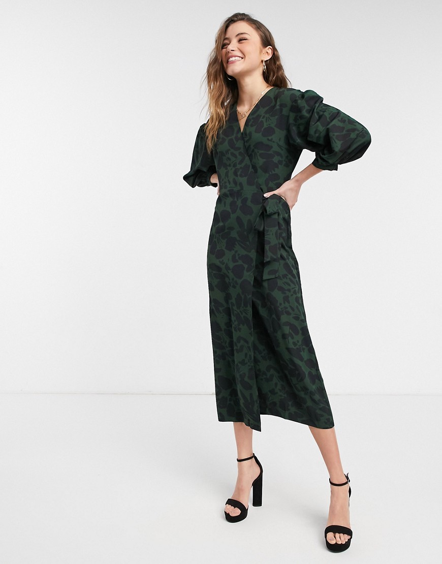 Topshop midi dress with drama sleeves in black