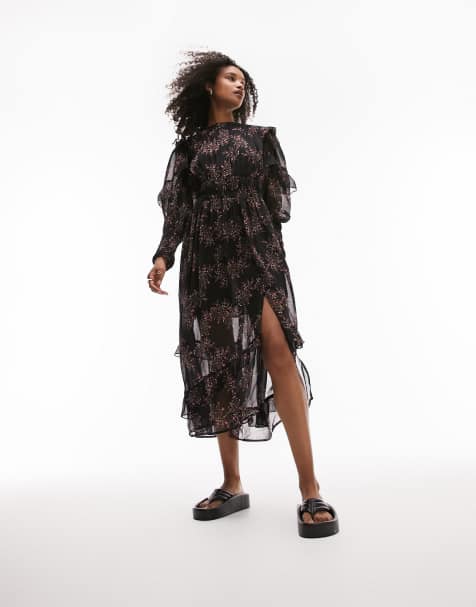 Topshop midi dress with ruffle sleeves in black floral print - view 1