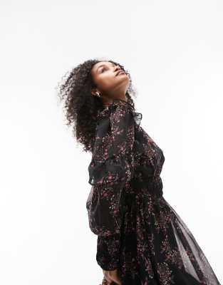Topshop Midi Dress With Ruffle Sleeves In Black
