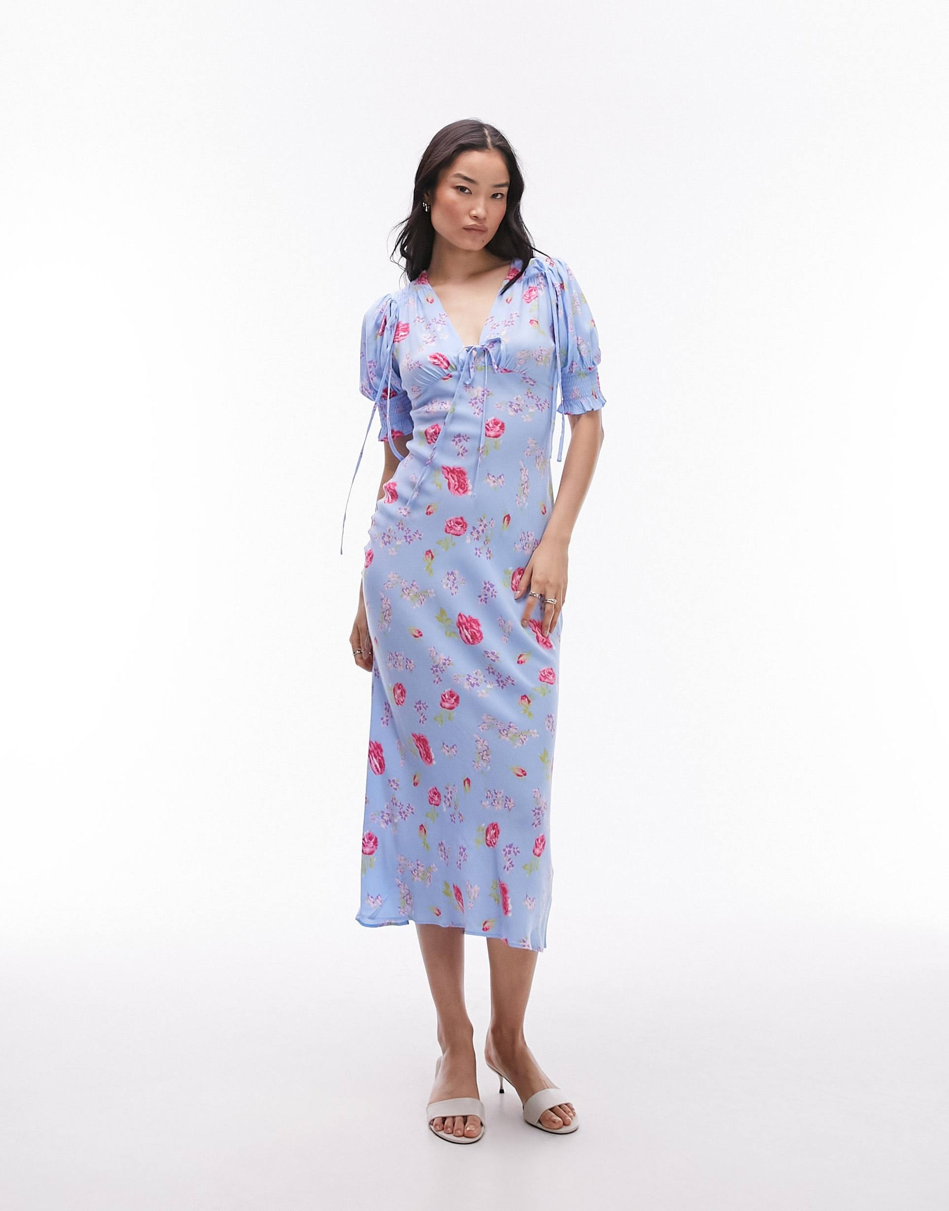 topshop midi dress with tie detail in vintage floral print