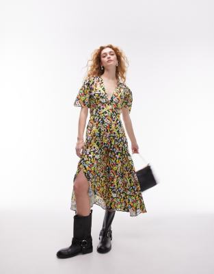 Topshop - Midi-Freizeitkleid mit buntem Blumenmuster und V-Ausschnitt