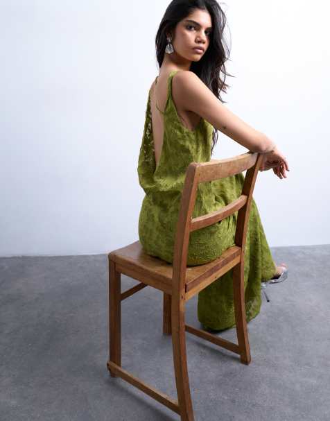 Topshop - Midi gelegenheids-jurk van devoré met gedraaide schouderbandjes in groen - view 1