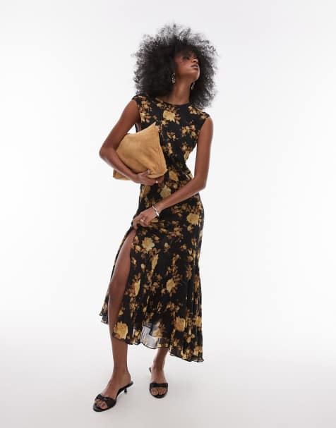 Topshop - Midi gelegenheidsjurk met godetzoom en bloemen in bruin - view 1