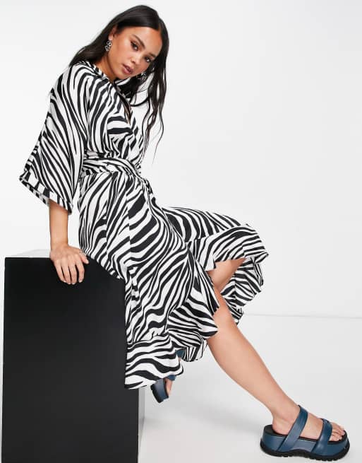 Topshop – Midi-Hemdkleid in Schwarz-Weiß mit Zebramuster