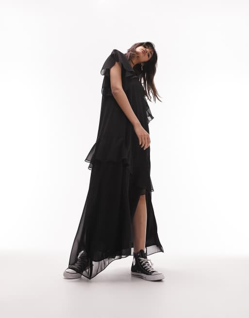 Topshop – Midi-Hemdkleid zum Reinschlüpfen in Schwarz mit Rüschen