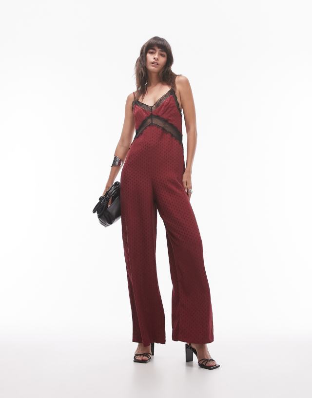 Topshop - midi jacquard jumpsuit in burgundy with black lace bust dress