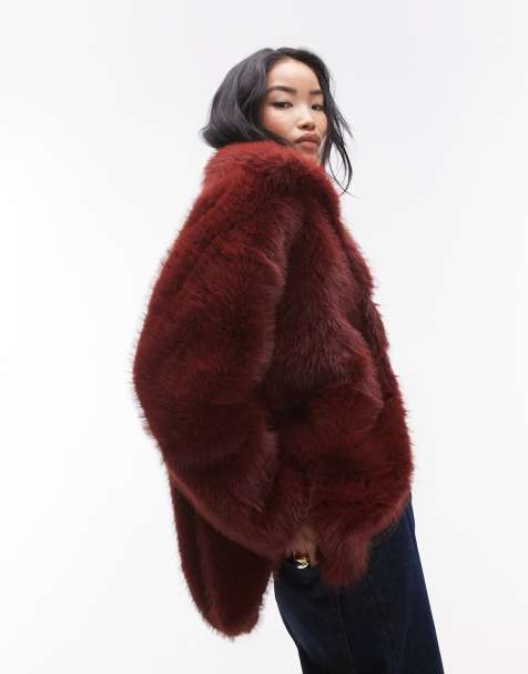 Topshop - Midi jas van imitatiebont en opstaande kraag in bordeauxrood - view 1