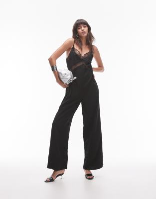 Topshop - Midi-Jumpsuit aus Jacquard in Schwarz mit Spitzeneinsatz an der Brust