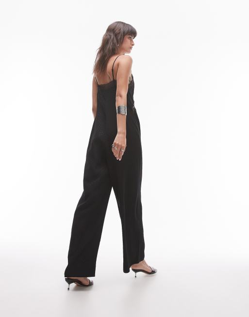 Topshop Midi Jumpsuit aus Jacquard in Schwarz mit Spitzeneinsatz an der Brust