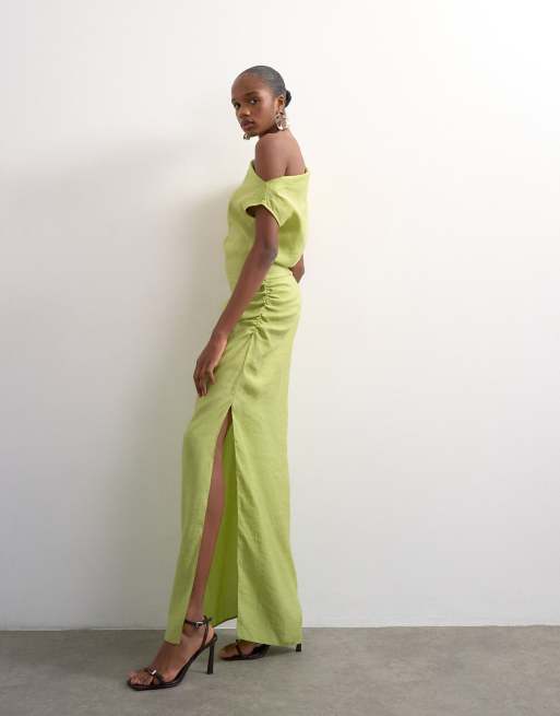 Topshop - Midi jurk met blote schouder in groen, 4 van 4