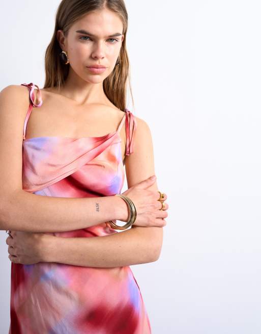 Topshop - Midi jurk met blote schouders en abstracte roze print, 3 van 4
