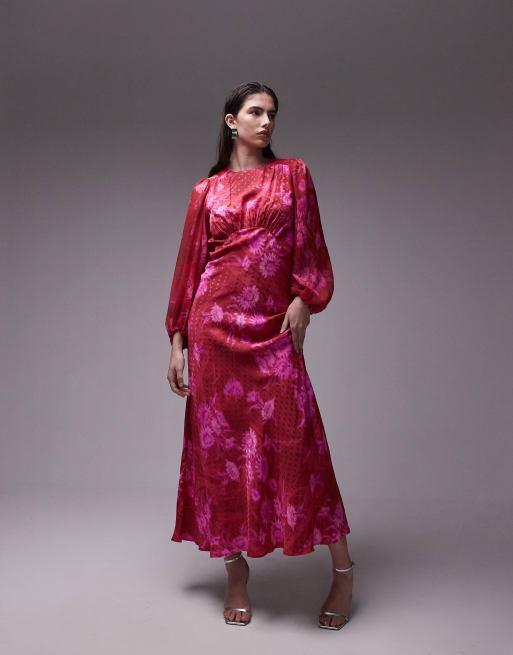 Topshop - Midi jurk met gerimpelde borst in roze, 4 van 4