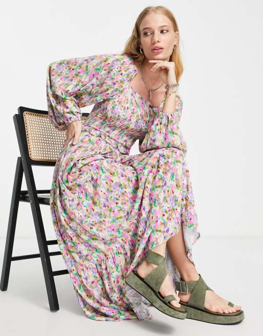 Topshop - Midi-jurk met gesmokte buste, volumineuze mouwen en wazige bloemenprint in multi