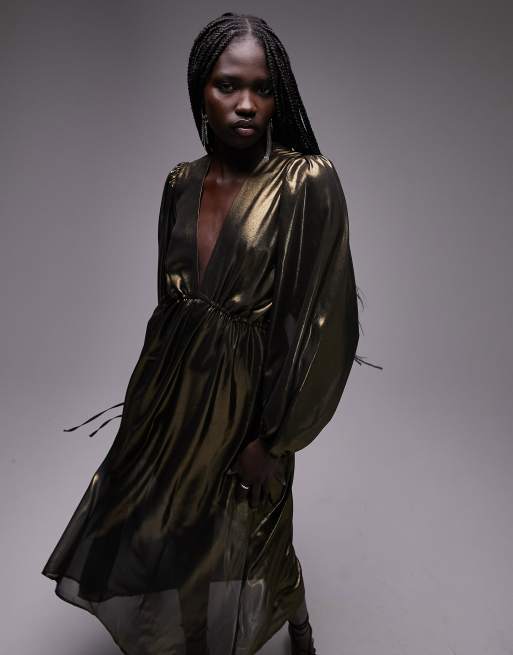 Topshop - Midi jurk met gesmokte taille in metallic goud
